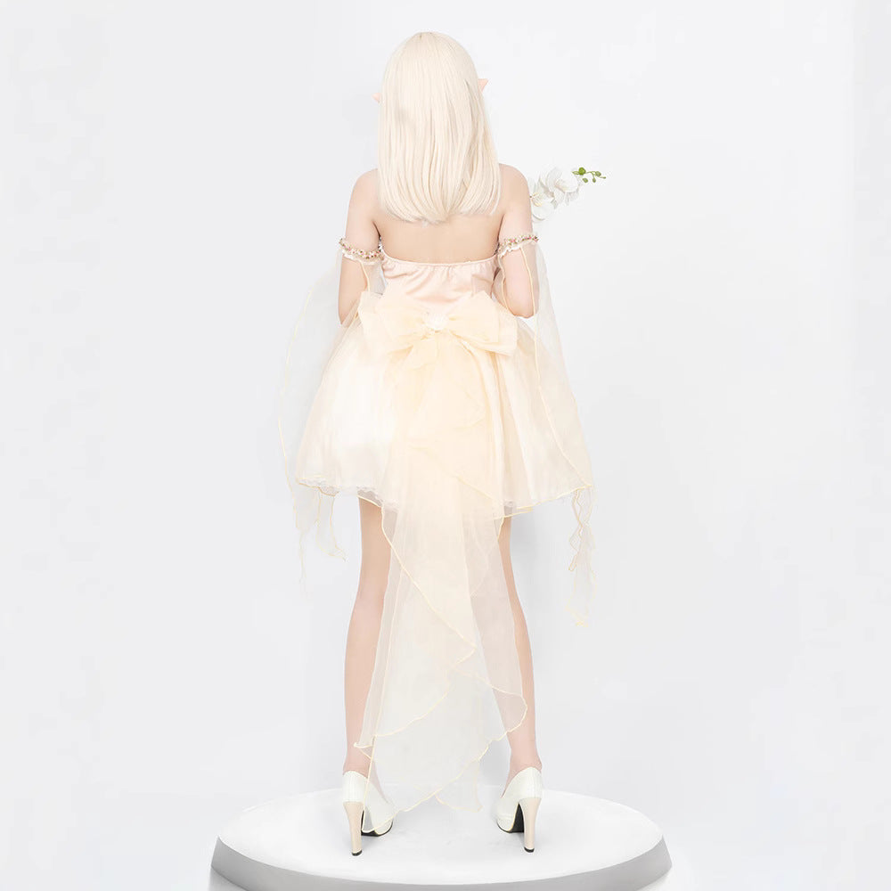 Flower Fairy Dress Women Role Play Fitted Slimming Backless Mesh Spliced Strapless Puffy Dress