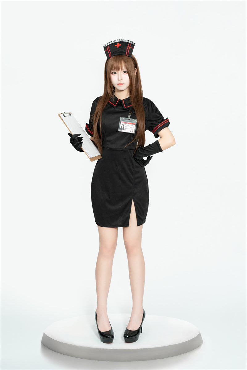 Halloween Nurse Cosplay Costume Black Short Sleeve Dress Role Play Set