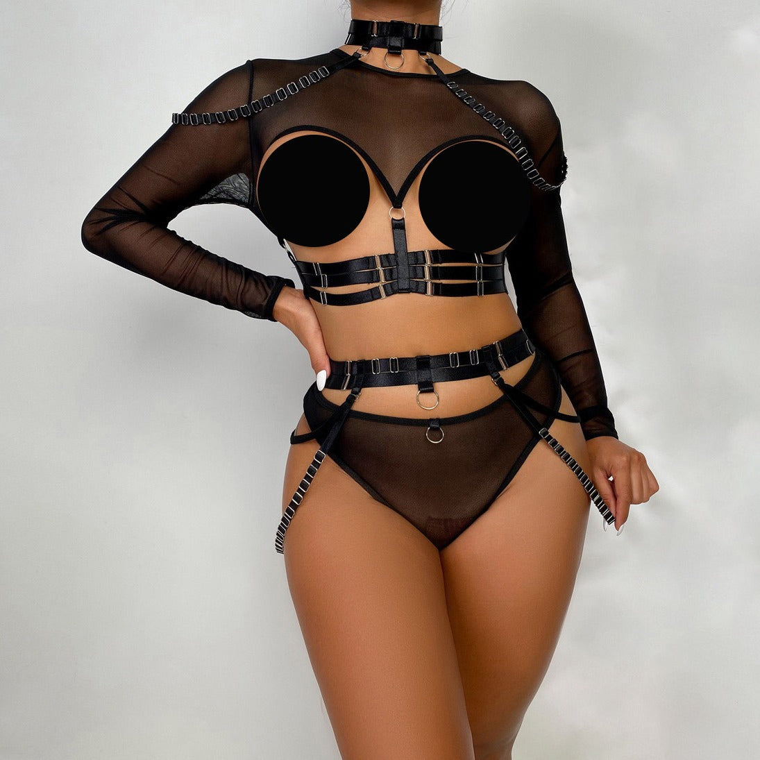 Complex Strap Halter Waistband Mesh Long Sleeve Sexy Women's Four-Piece Set