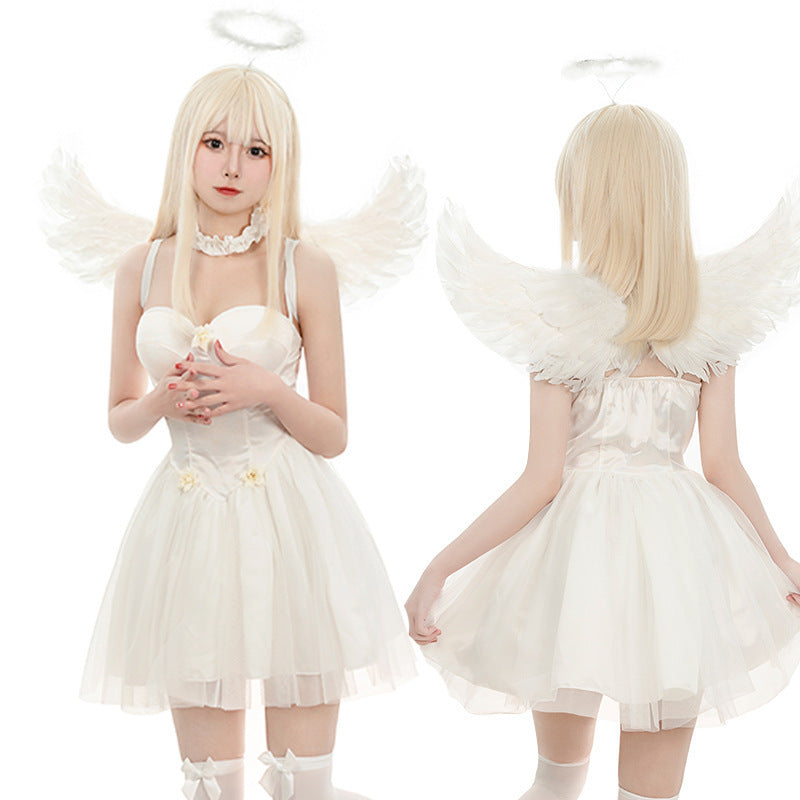 Halloween White Angel Tulle Mini Skirt Black Devil Angel with Wings Dress Costume for Role Play
