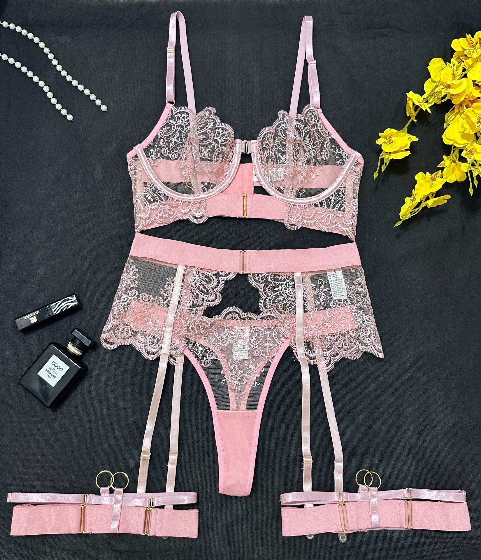 Transparent Heavy Embroidery Eyelash Lace Shaping Sexy Four-Piece Set for Women