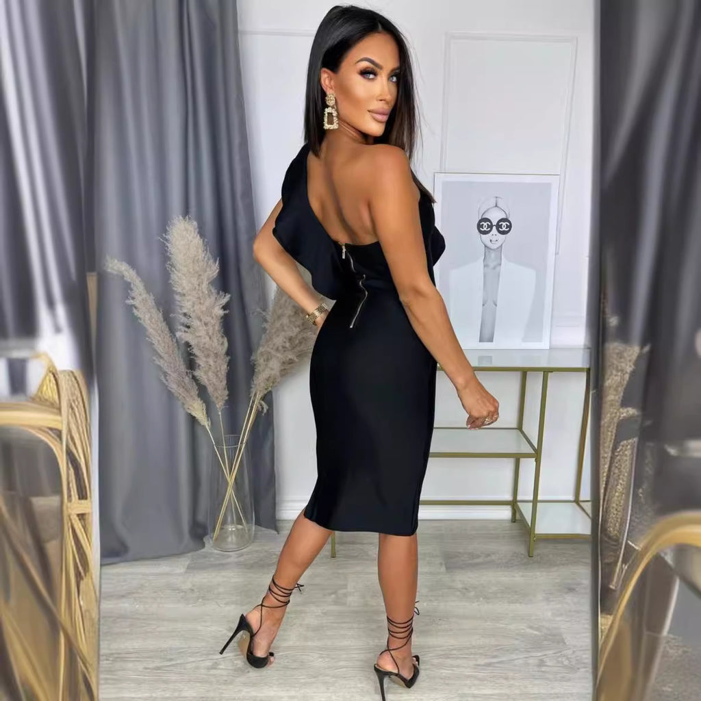 Retro One-Shoulder Stretchy Bodycon Dress