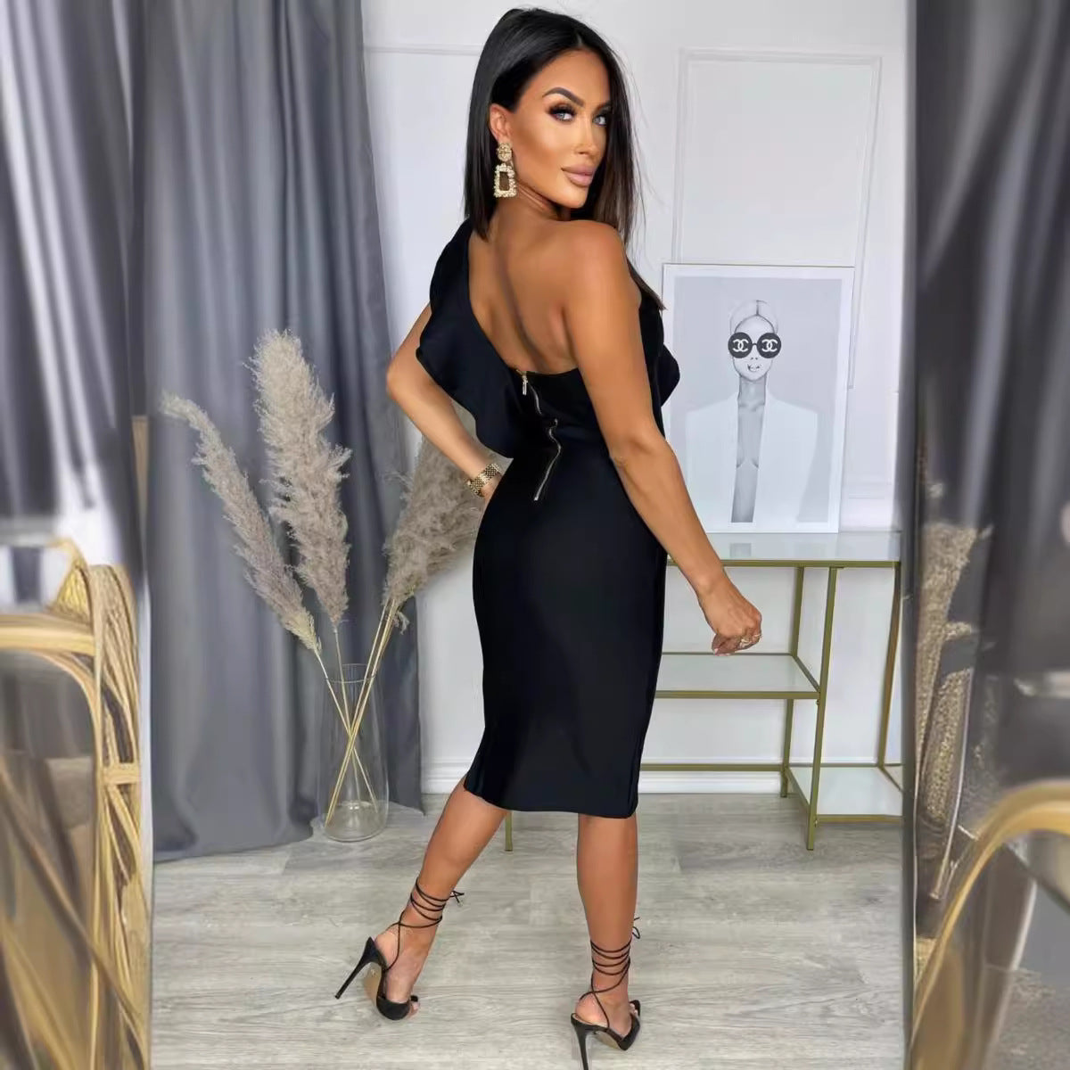 Retro One-Shoulder Stretchy Bodycon Dress