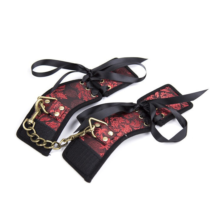 Red Ribbon Gold Handcuffs Velcro Hand Binding Female Sex Toy Leggings