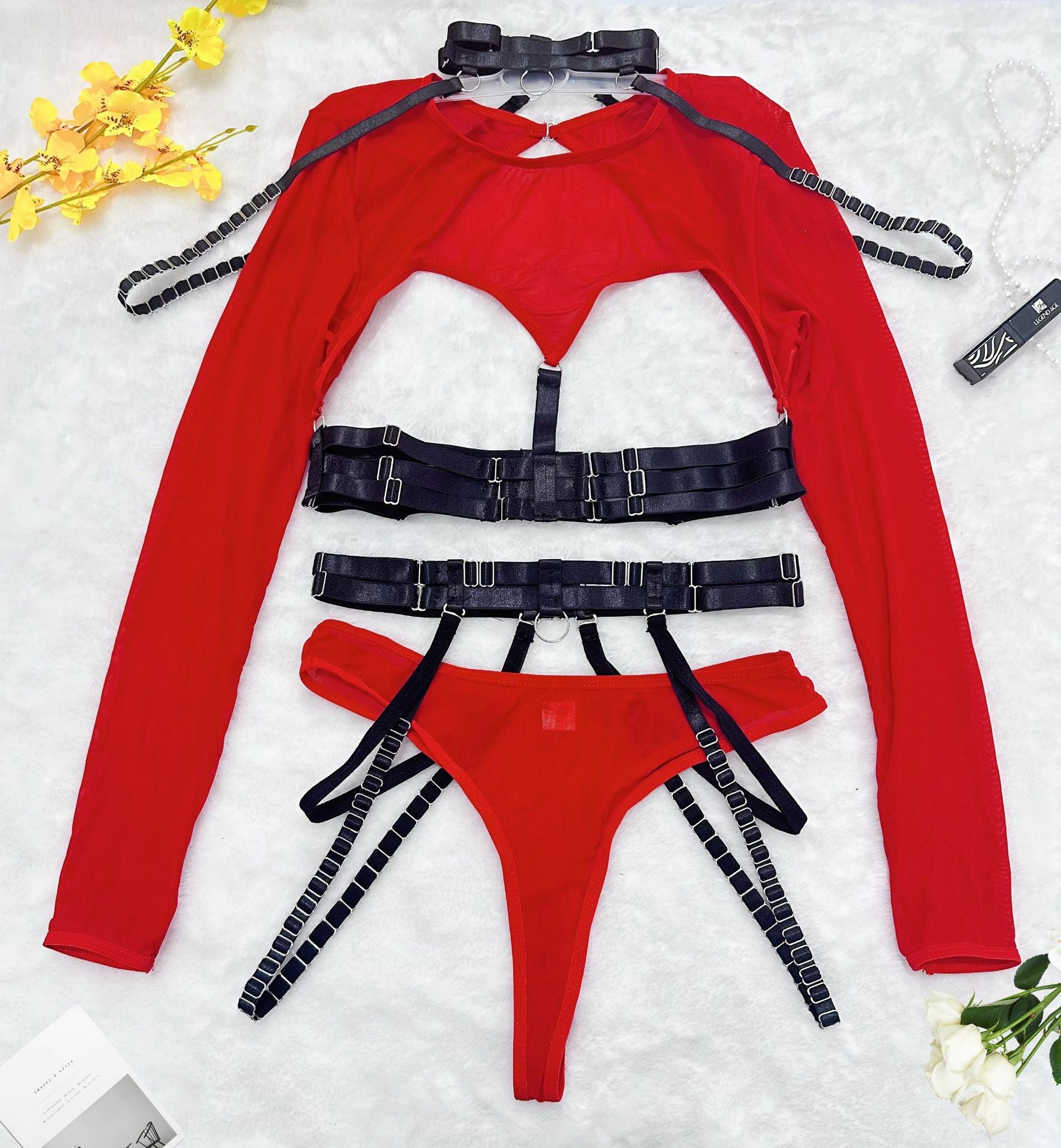 Complex Strap Halter Waistband Mesh Long Sleeve Sexy Women's Four-Piece Set