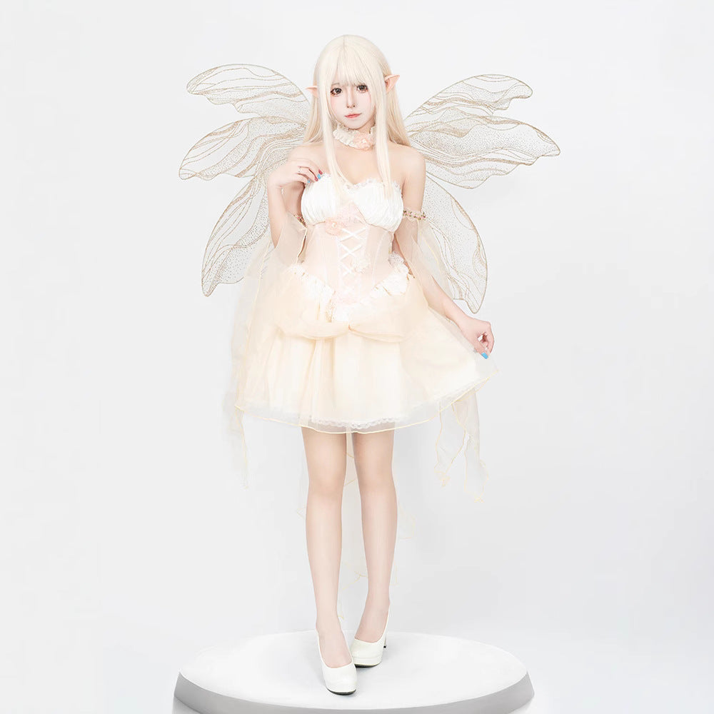 Flower Fairy Dress Women Role Play Fitted Slimming Backless Mesh Spliced Strapless Puffy Dress