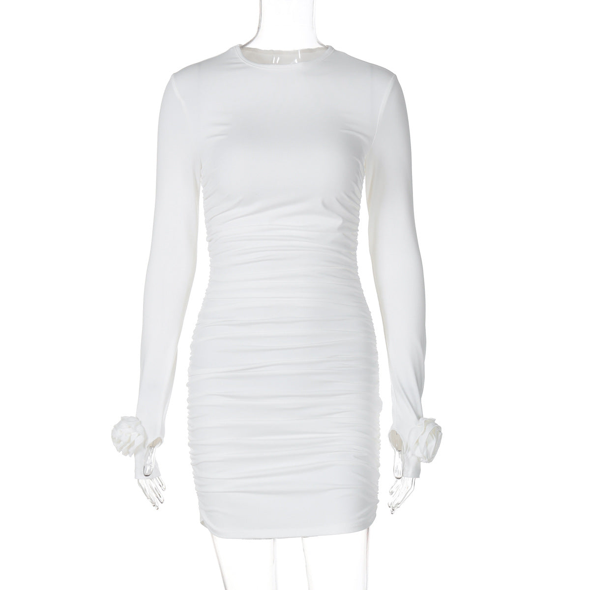 Solid Color Round Neck Long Sleeved Dress