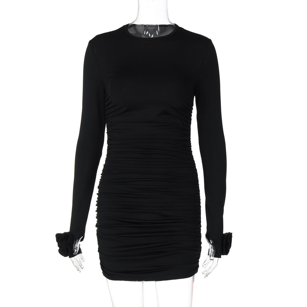 Solid Color Round Neck Long Sleeved Dress
