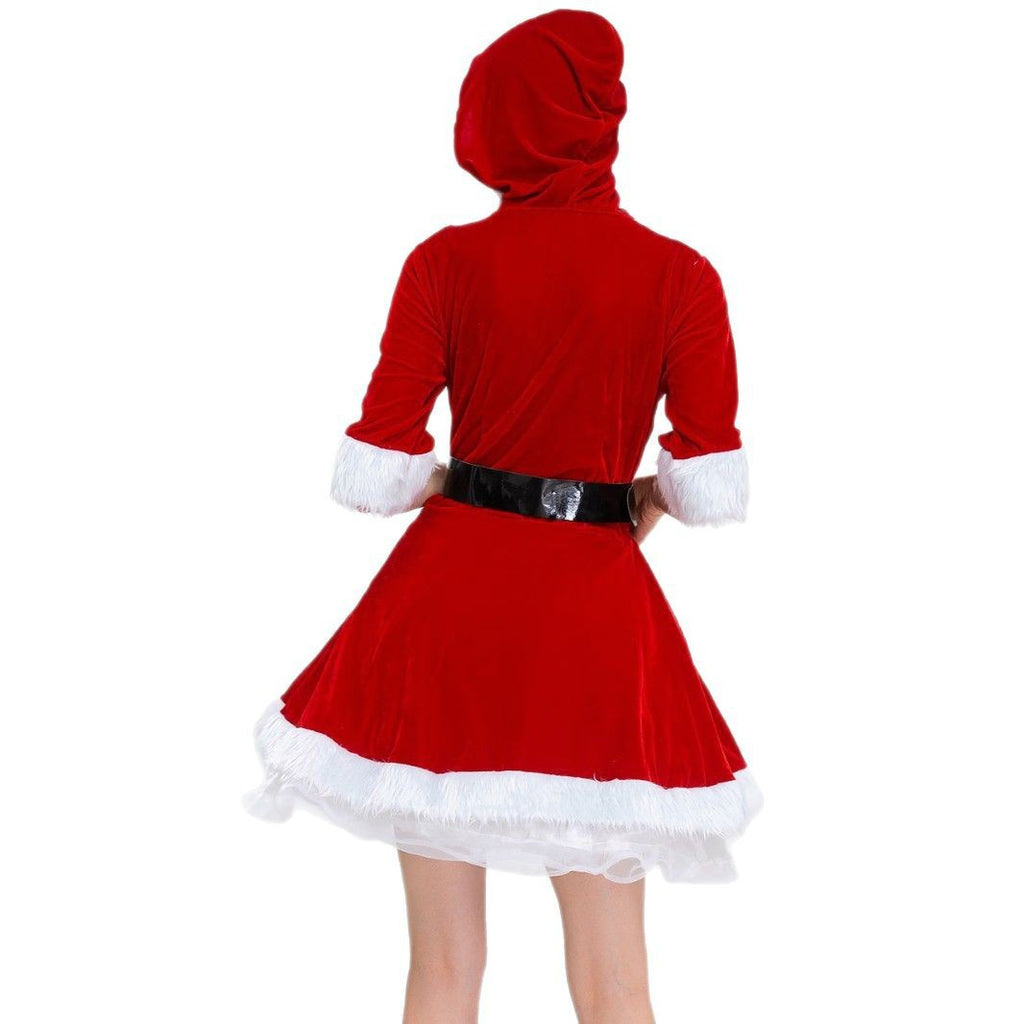 Christmas V-Neck Hooded Dress for Women - Santa Claus and Christmas Tree Costume Role Play Outfit