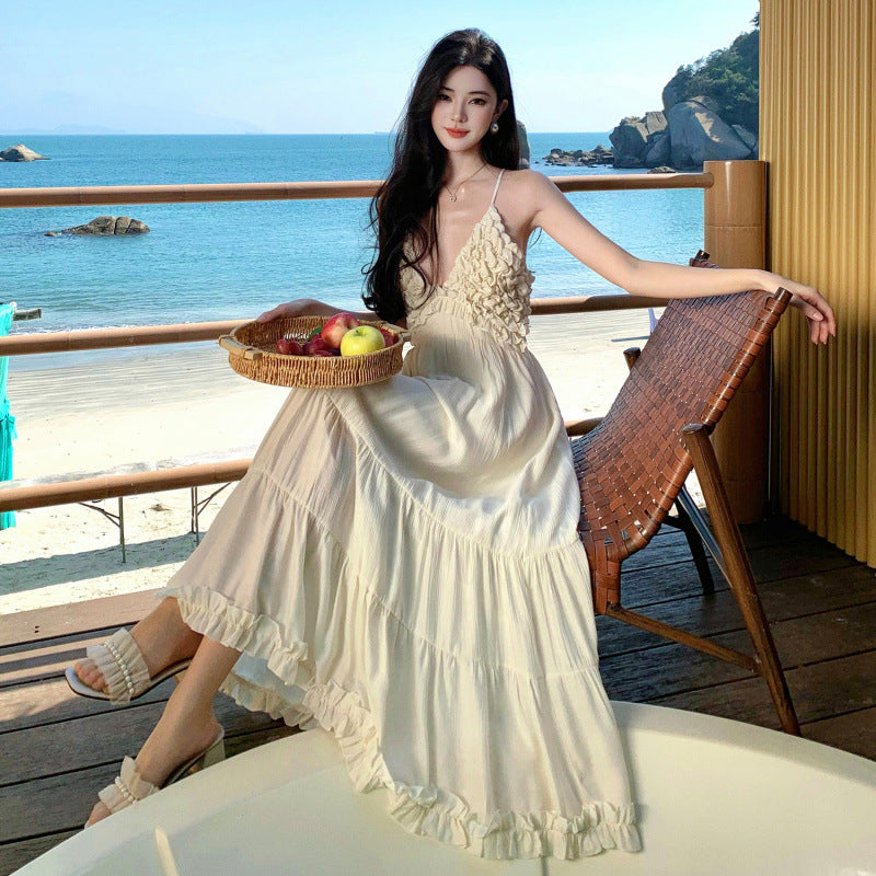 Eco V-neck Backless Cotton Linen Vacation Dress