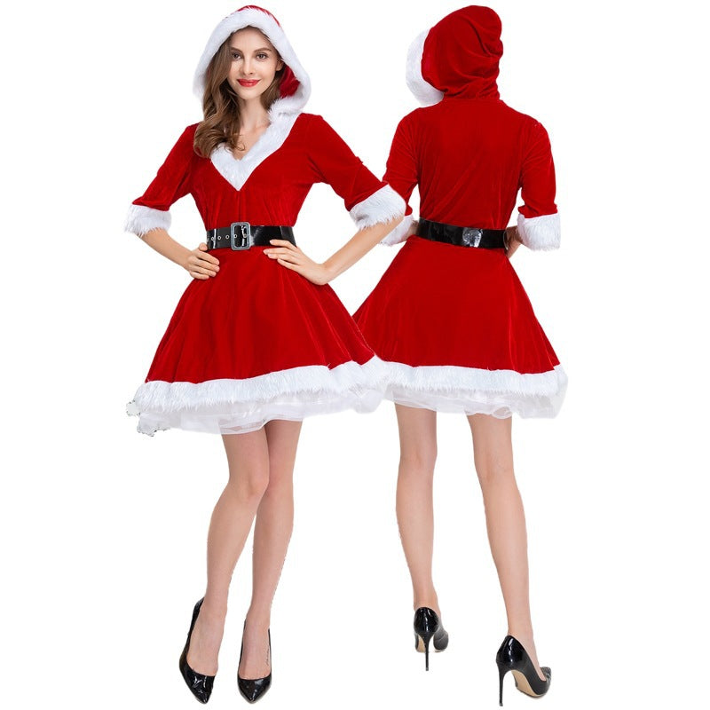 Christmas V-Neck Hooded Dress for Women - Santa Claus and Christmas Tree Costume Role Play Outfit