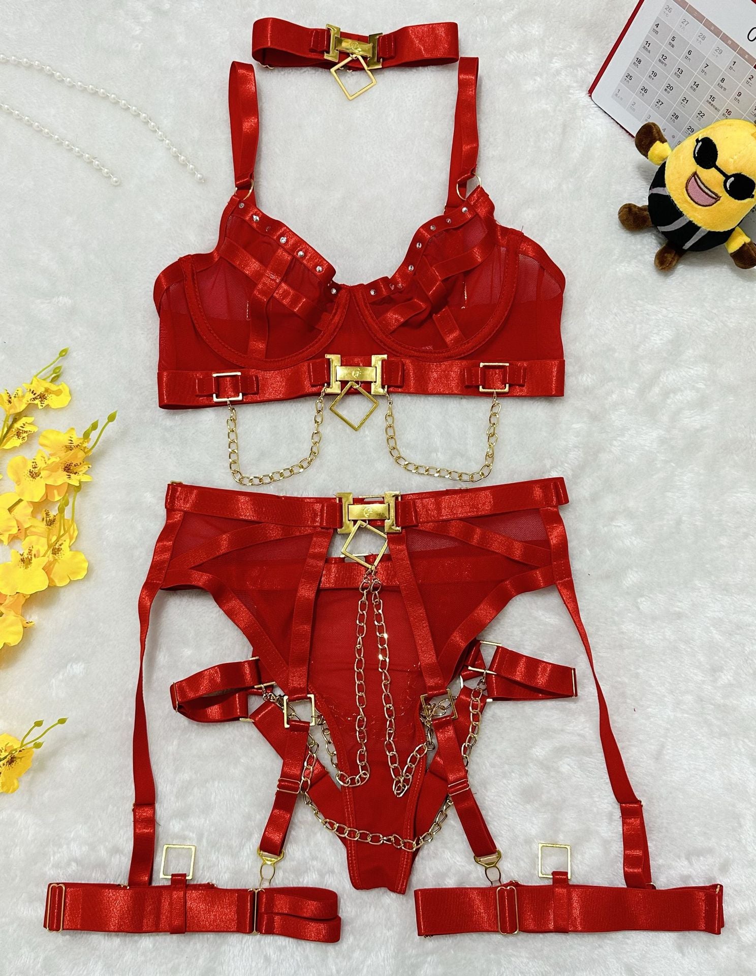 Sexy and Spicy Lingerie Set with Sheer Mesh and Metal Chains for Nightclub and Party