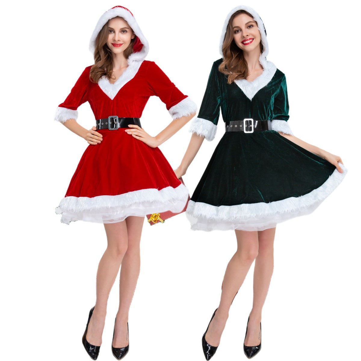 Christmas V-Neck Hooded Dress for Women - Santa Claus and Christmas Tree Costume Role Play Outfit