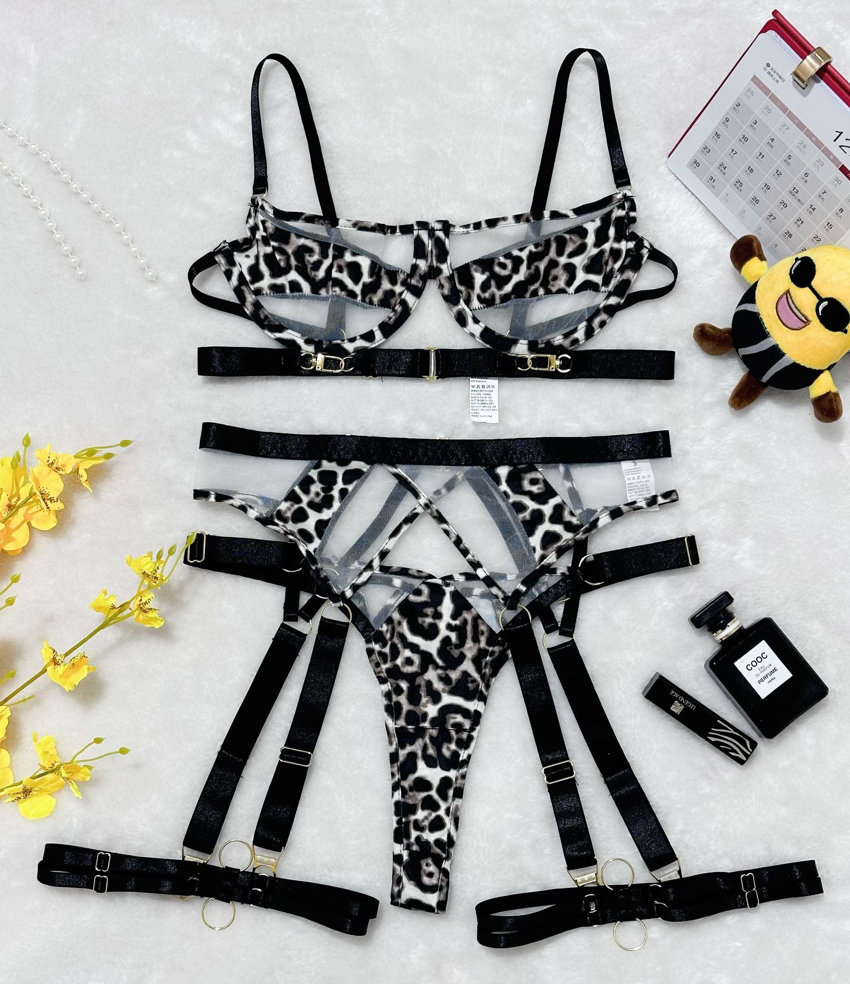 Complex Craft Nightclub Leopard Print Splicing Mesh Waist Shaping Sexy Lingerie Set