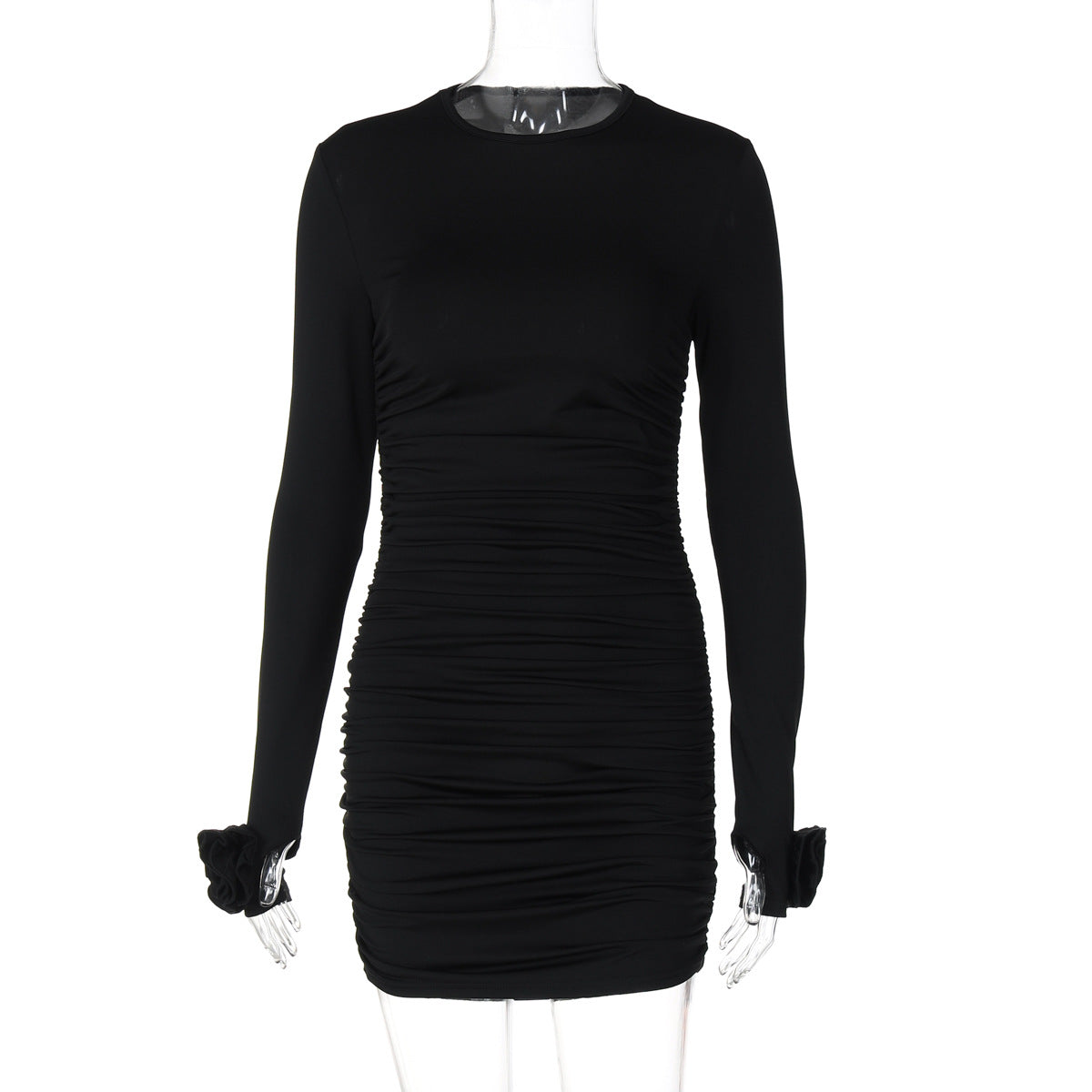 Solid Color Round Neck Long Sleeved Dress