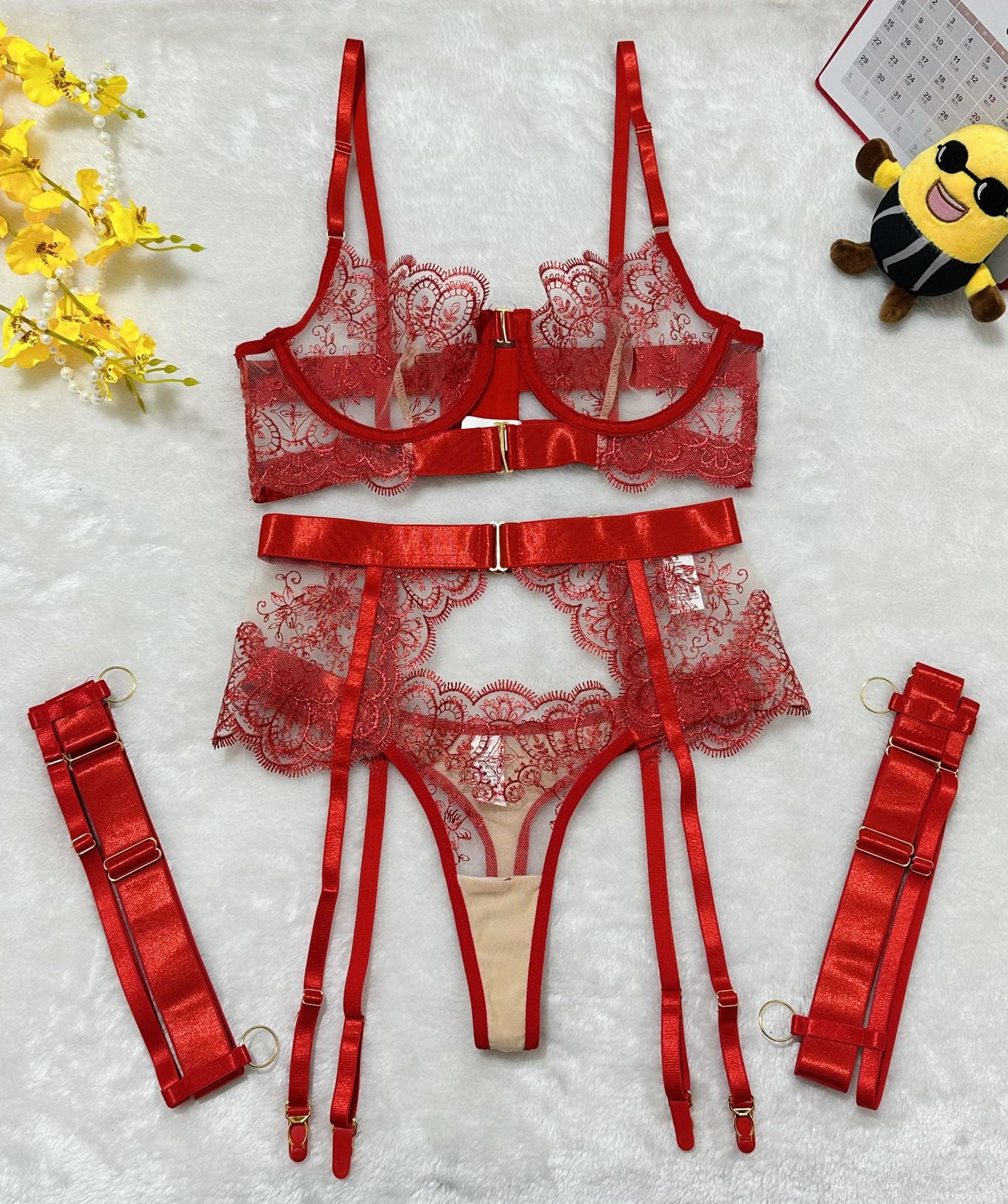 Transparent Heavy Embroidery Eyelash Lace Shaping Sexy Four-Piece Set for Women