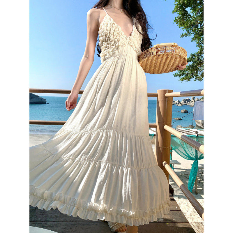 Eco V-neck Backless Cotton Linen Vacation Dress