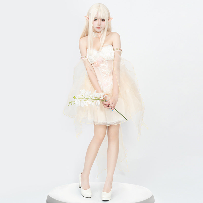 Flower Fairy Dress Women Role Play Fitted Slimming Backless Mesh Spliced Strapless Puffy Dress
