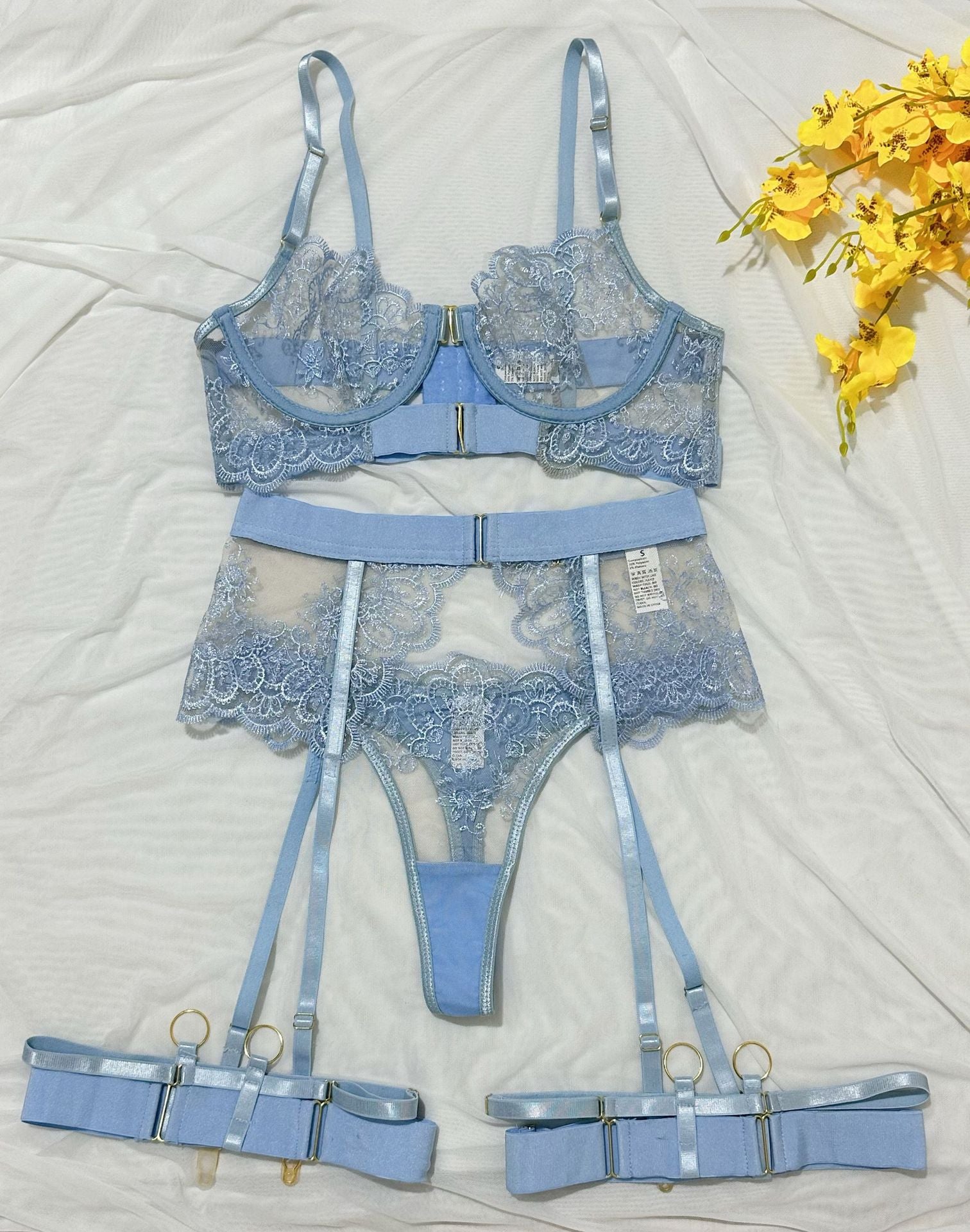Transparent Heavy Embroidery Eyelash Lace Shaping Sexy Four-Piece Set for Women