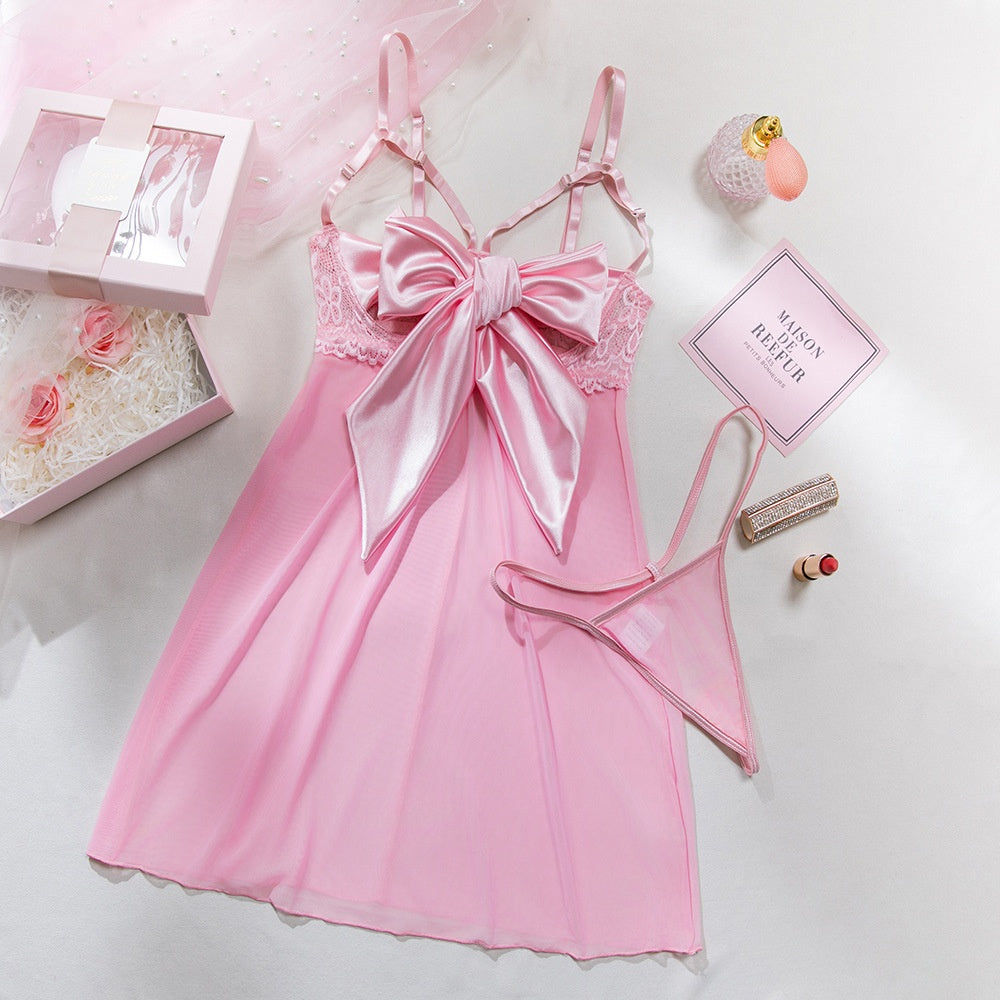 Sexy Satin Bow See-Through Elastic Mesh Plunging Chest Exposed Lingerie Temptation Lace Dress