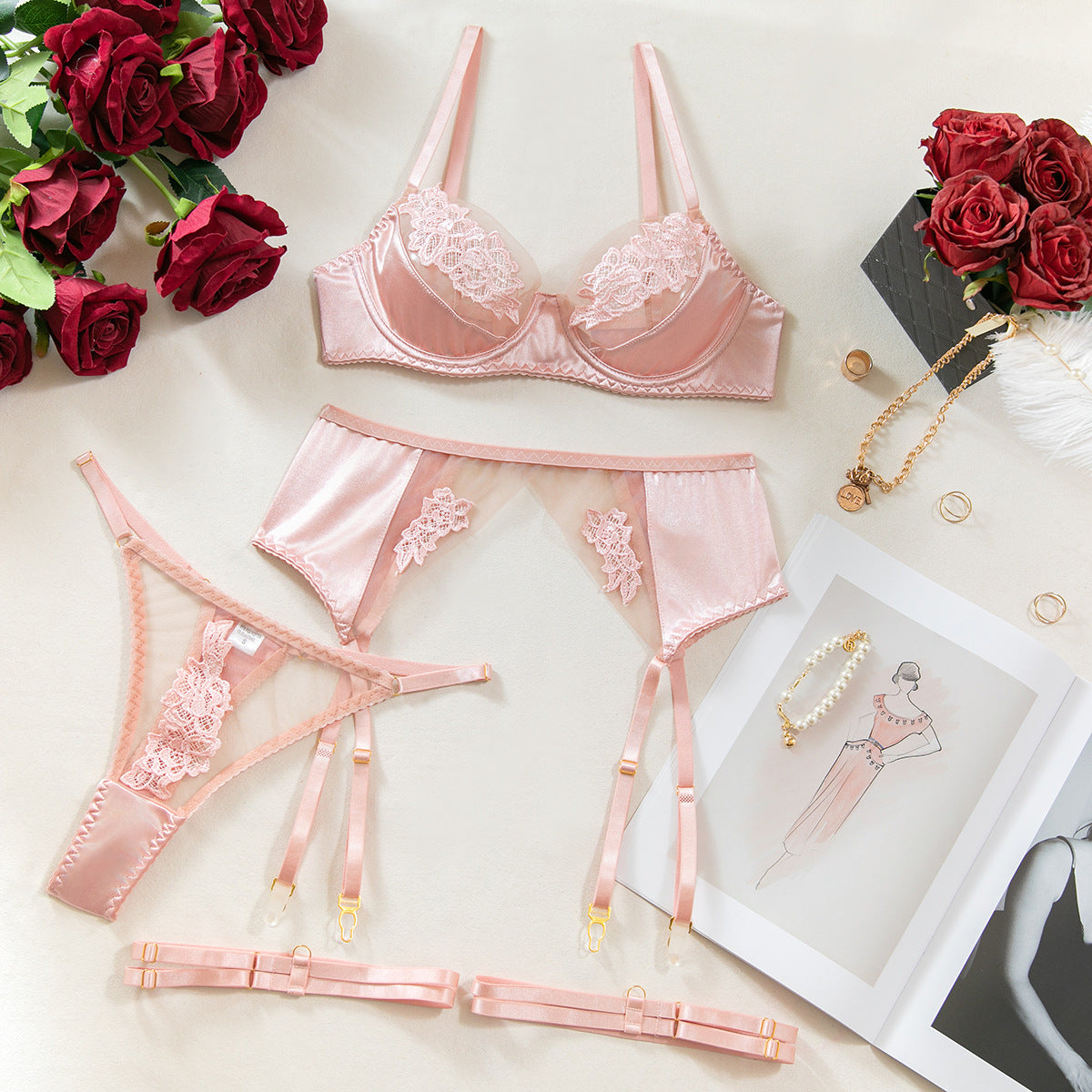 Sexy  Style Red Lingerie Set with Mesh Splicing, Embroidered Floral Bra and Garter Belt