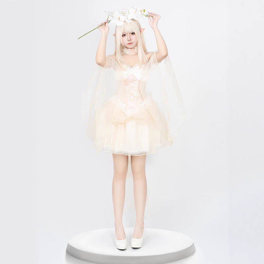 Flower Fairy Dress Women Role Play Fitted Slimming Backless Mesh Spliced Strapless Puffy Dress