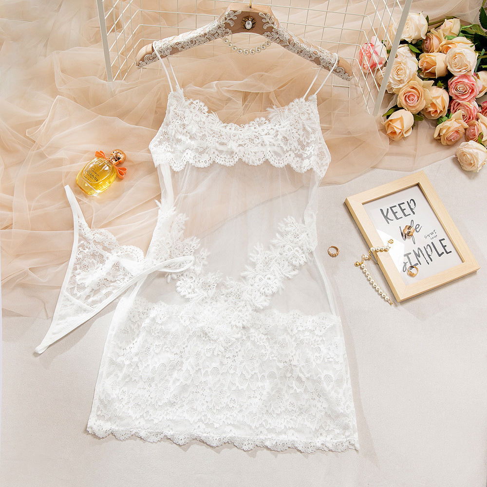 Dnika Mesh Splicing Strapless Nightgown Transparent Sexy Bodycon Dress Spicy One-Piece Short Skirt Set with Thong