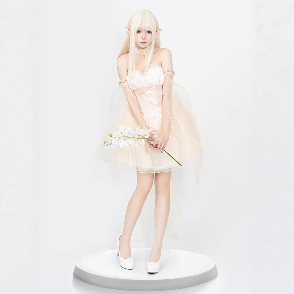 Flower Fairy Dress Women Role Play Fitted Slimming Backless Mesh Spliced Strapless Puffy Dress