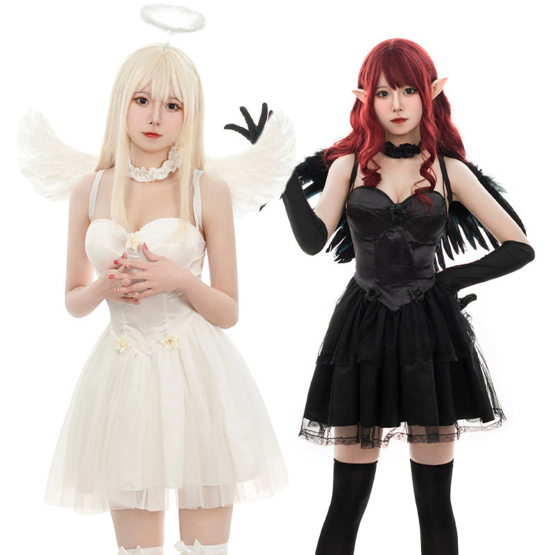 Halloween White Angel Tulle Mini Skirt Black Devil Angel with Wings Dress Costume for Role Play