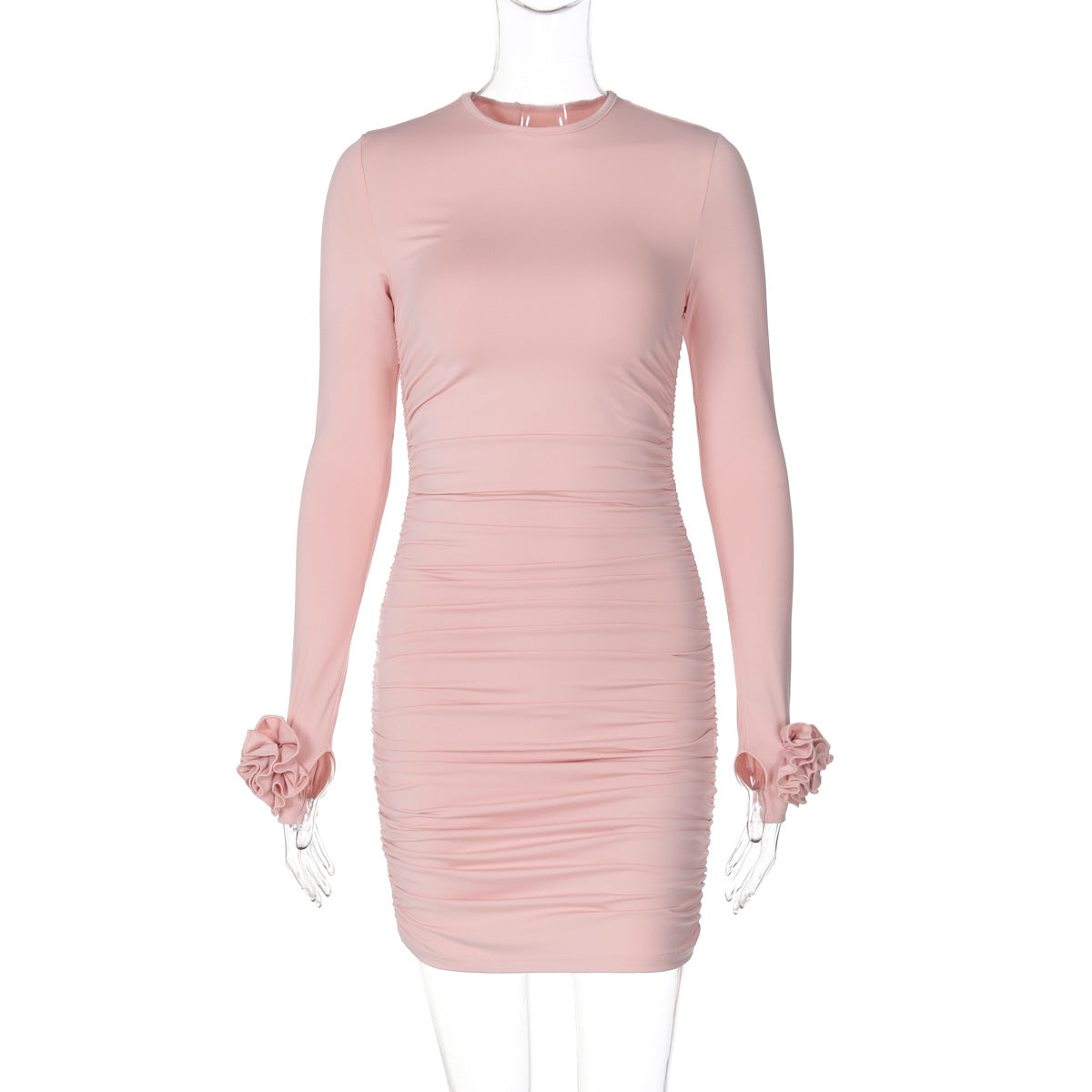 Solid Color Round Neck Long Sleeved Dress