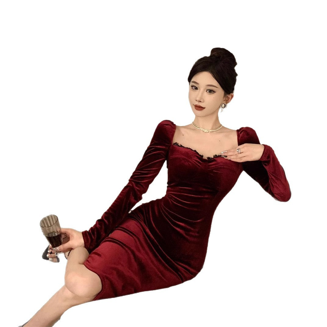 Square-neck long-sleeved dress